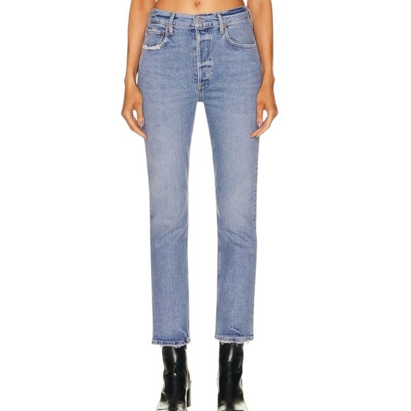 Agolde Riley Long Straight Leg Jeans Size 27 In Cove Wash Faded Denim Distressed - Picture 10 of 15